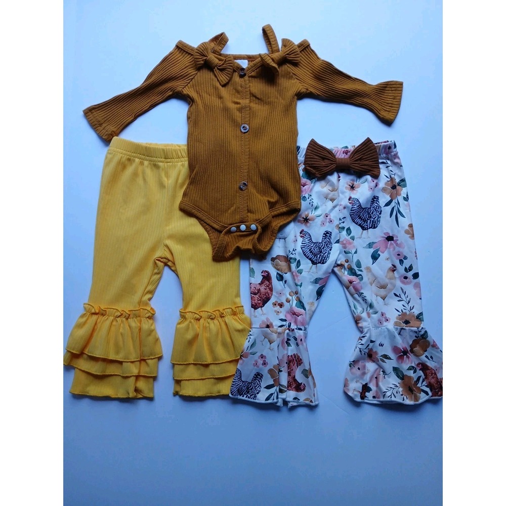 Baby Girl 3Pc Outfit Set Ribbed Bodysuit Chicken Floral Ruffle Pants 3-6M NWOT